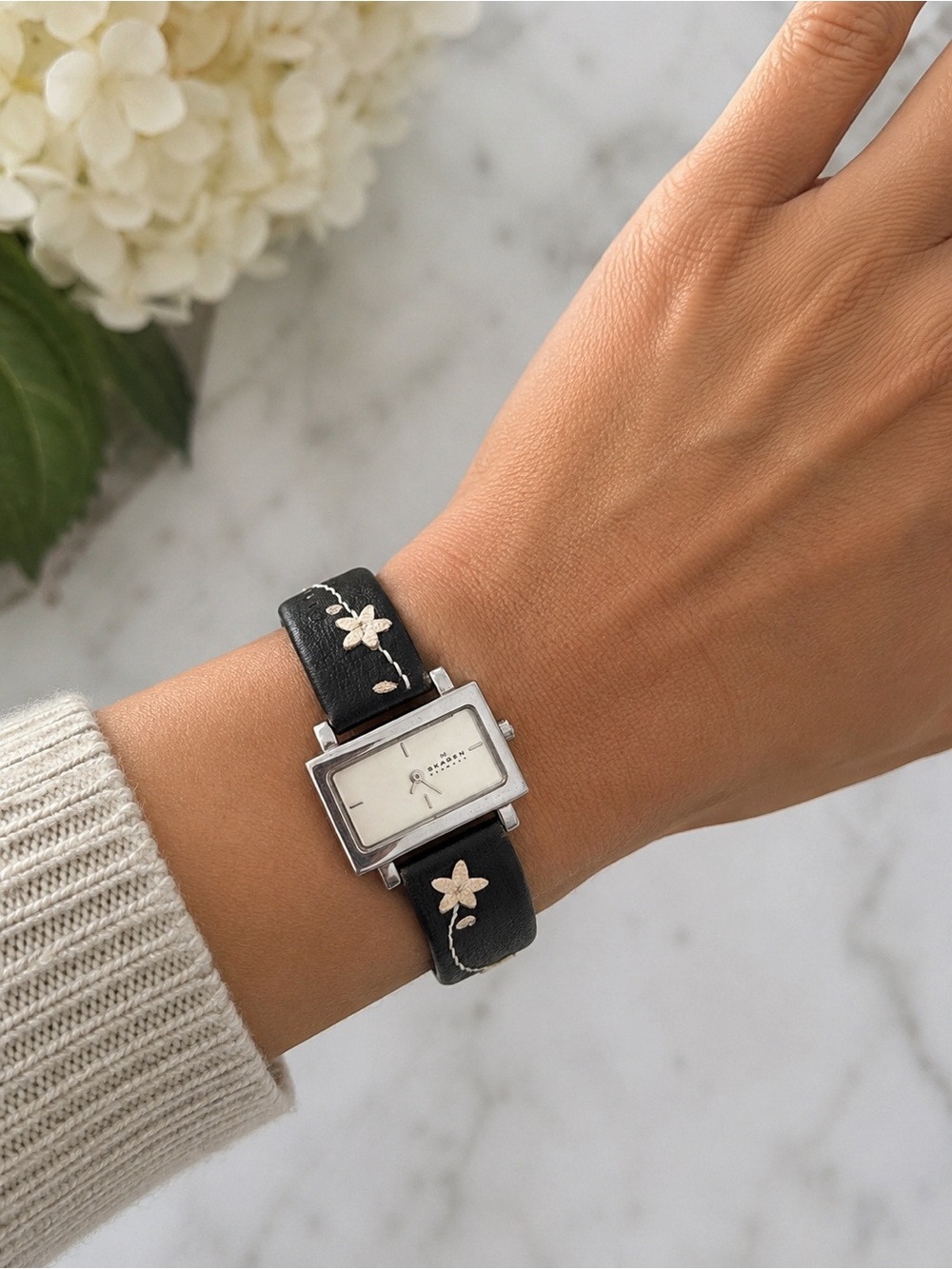 Skagen Denmark Black Leather Floral Watch Silver Rectangle Face Vintage Y2K